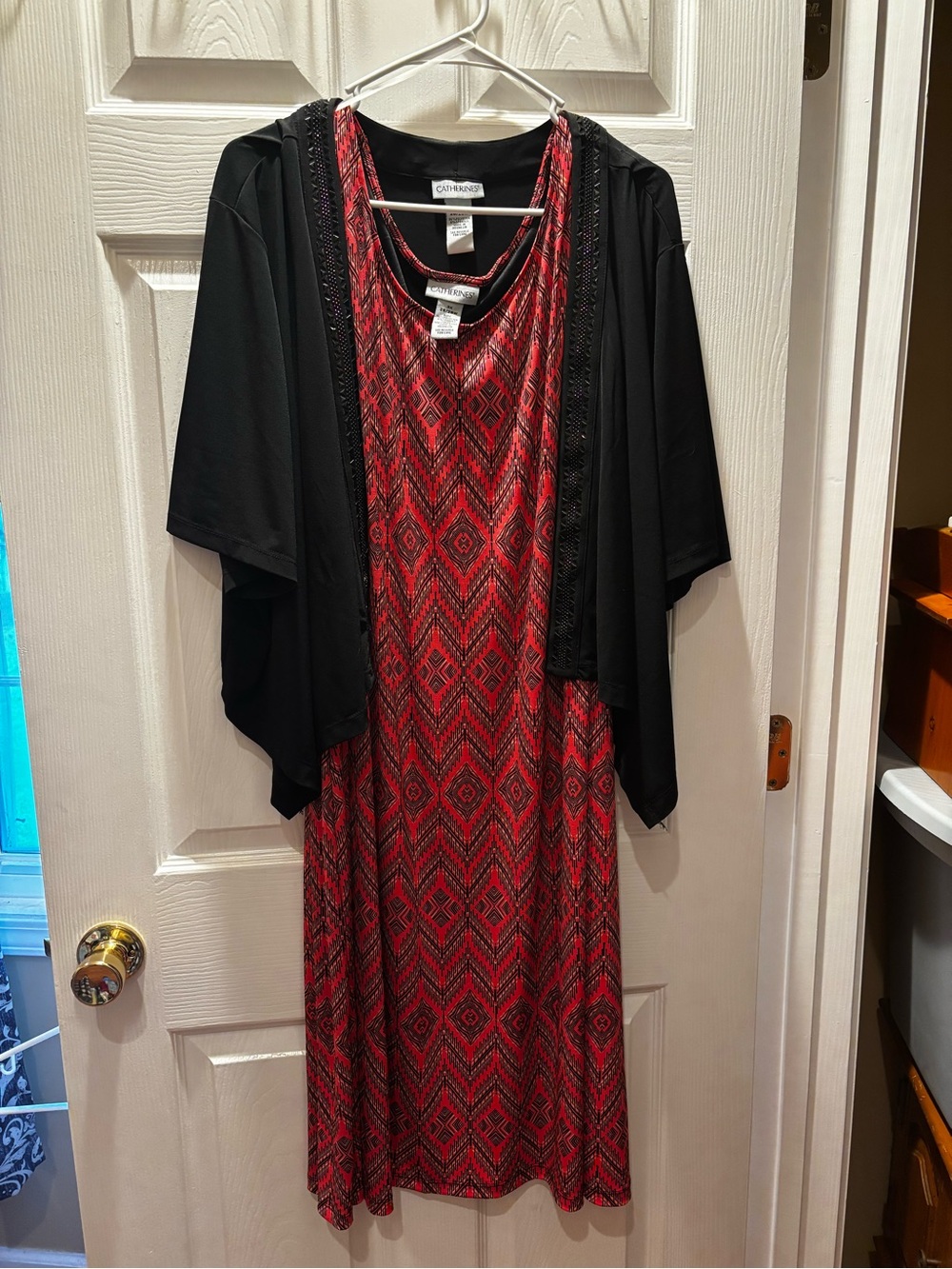 CATHERINE’S Coral Geo Print Dress with Black Shrug